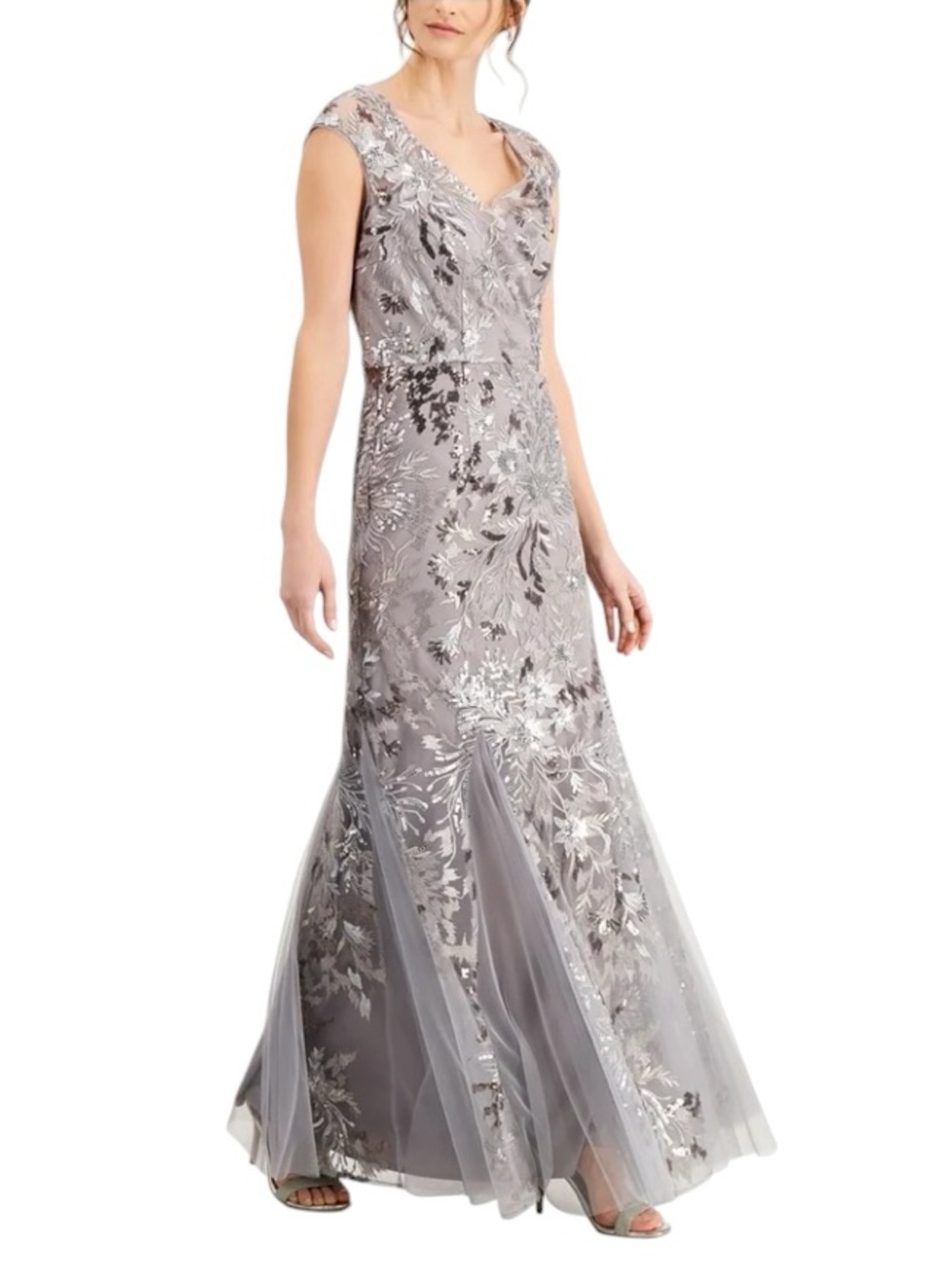 Alex Evenings Silver Floral tulle & Sequin V-Neck Maxi Gown, wedding, gala